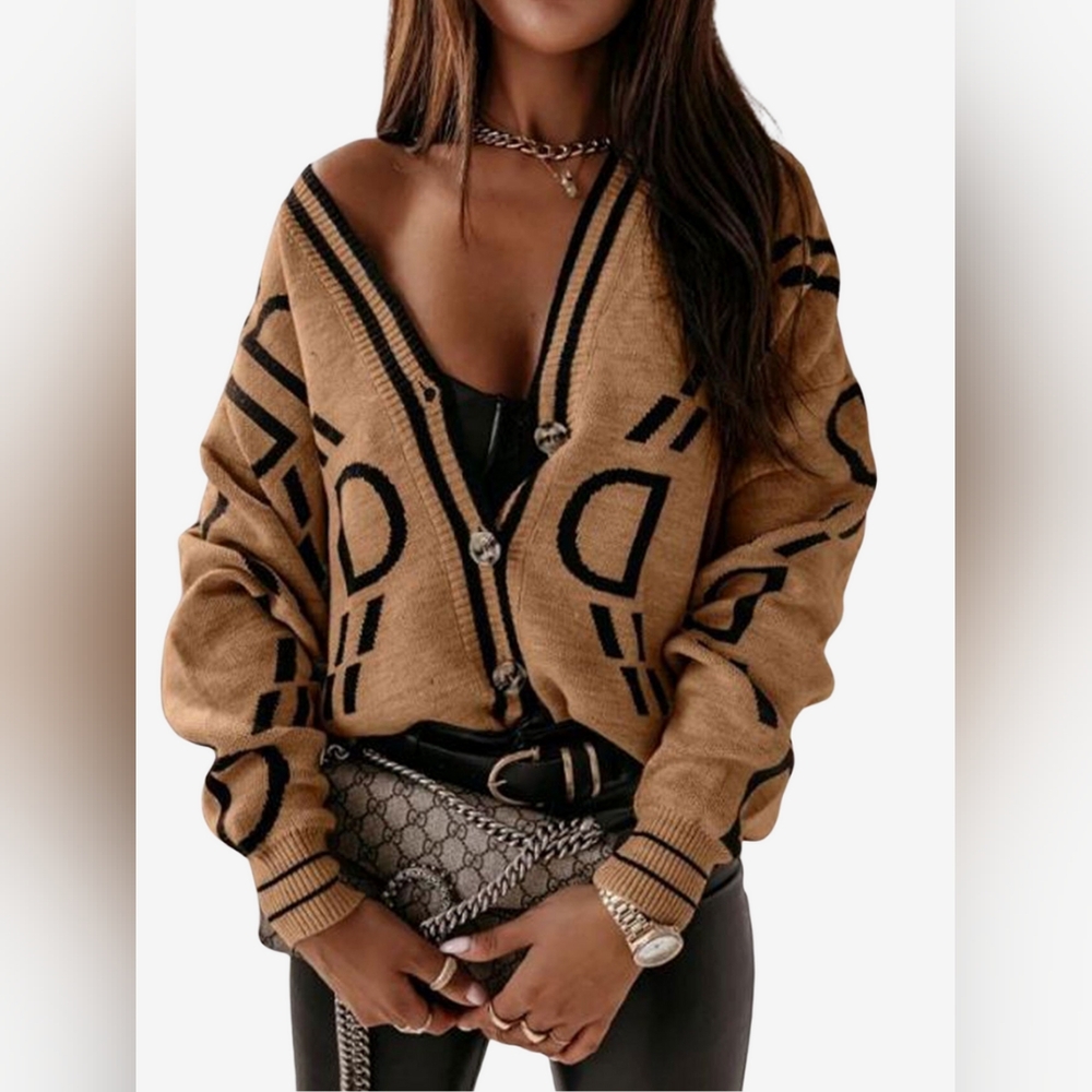 Estee Brown DD' ALPHABET PRINT KNITTED SWEATER CARDIGAN-CAMEL Size Medium